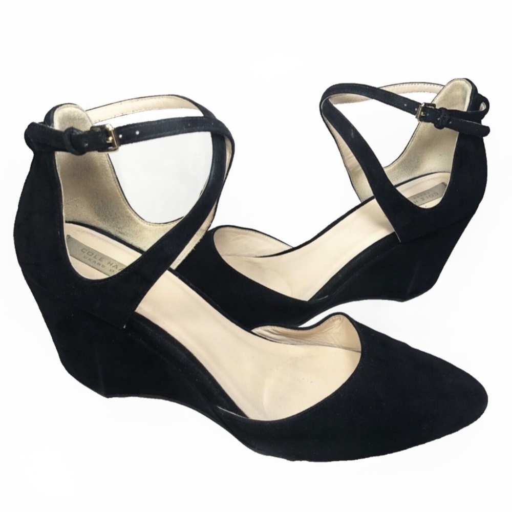 Cole Haan Grand OS Pump 8 Black Suede Wedge Round Ankle Strap Lacey Heel Shoe